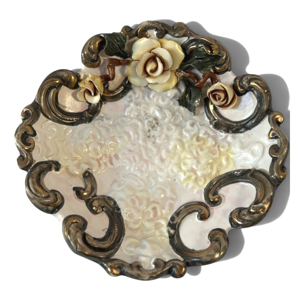 Benrose Decorative Flower Plate Italy 7.25" White Gold Good Vintage #1668 Rose